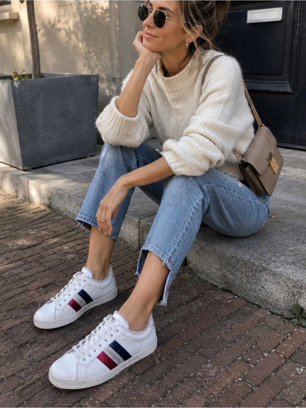 MONCLER White Leather Tricolor Stripe Shearling Lined Sneakers